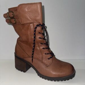 Lucky Brand NYLAH Leather Lace Up Side Zipper Boots Women's Sz 10M EUR 40 Buckle